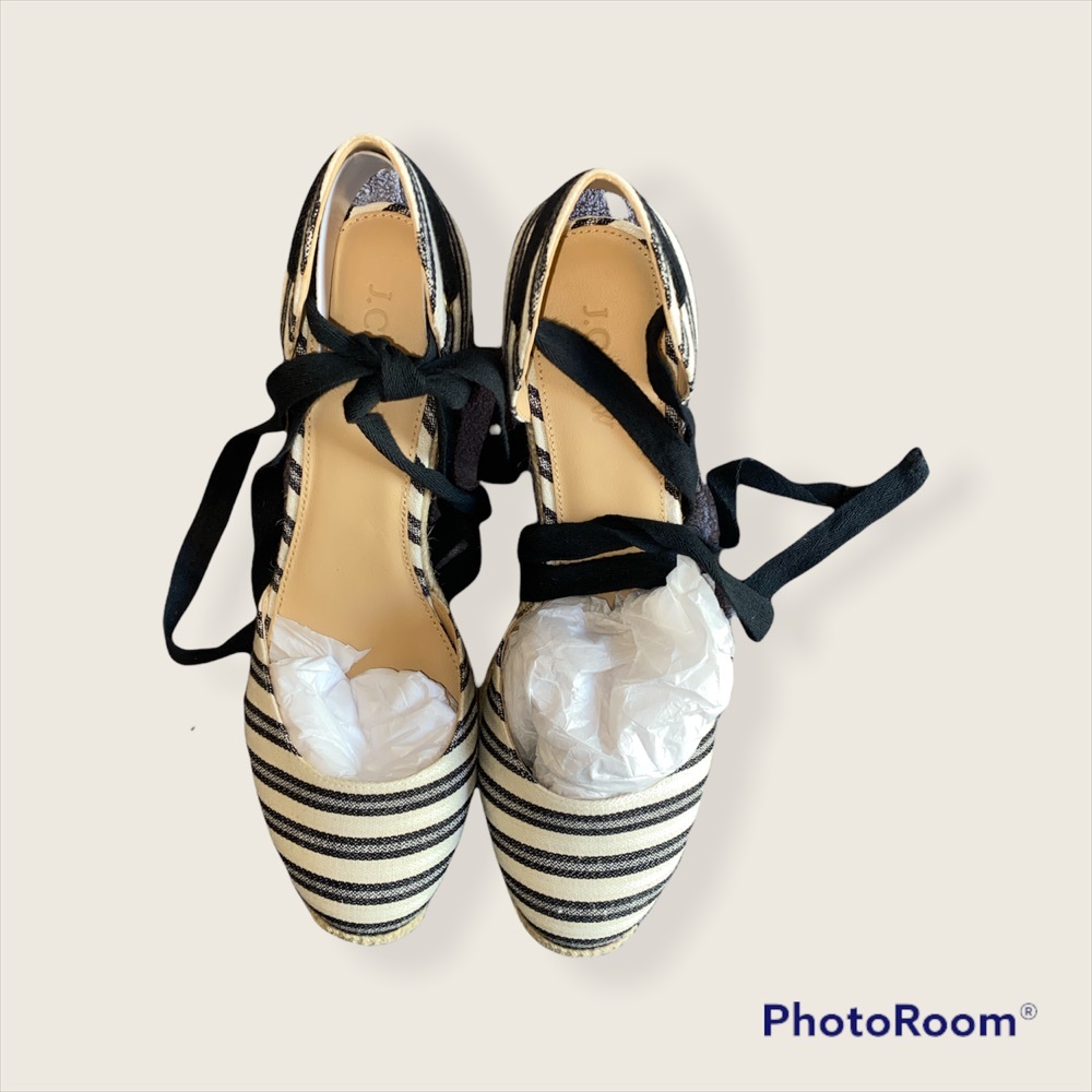 J. Crew Striped Espadrille Wedge Sandals with Black Ankle Ties - Picture 2 of 6